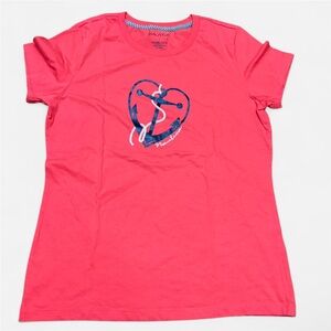 Nautica Coral Tee with Navy Anchor Graphic